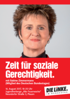 roter Hintergrund, darauf ein Bild von Sabine Zimmermann und die Aufschrift: "Zeit für soziale Gerechtigkeit. - 16. August 2017, 18- 20 Uhr Jugendherberge „Alte Feuerwache“